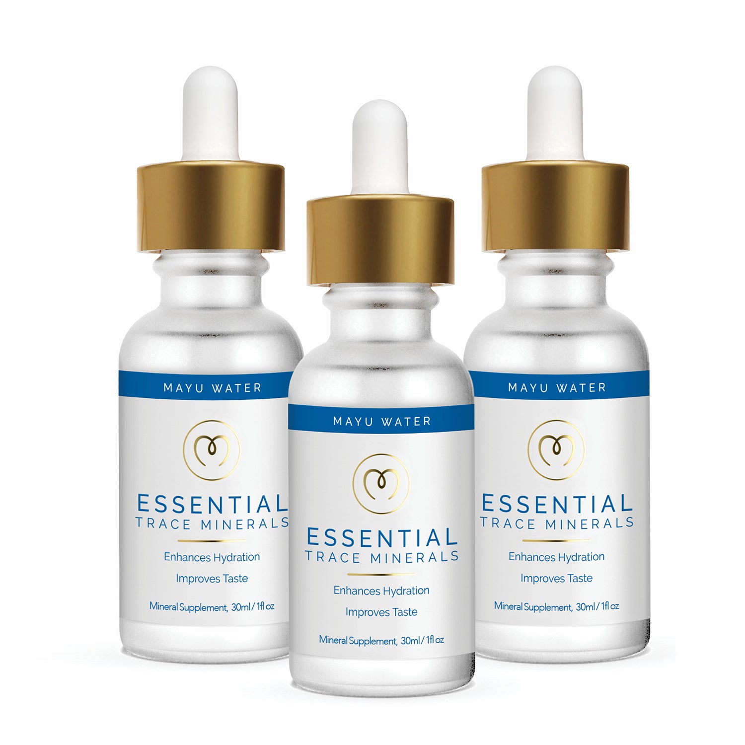 Three dropper bottles of Mayu Water Essential Minerals, featuring gold caps, white bodies, and blue accents, stand upright on a white background. The label highlights hydration, improved taste, and daily wellness through ionic minerals.