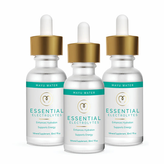 Three glass dropper bottles labeled Mayu Water Electrolyte Drops with gold caps are shown. The labels note support for natural hydration and energy, and each bottle contains 30ml (1 fl oz).