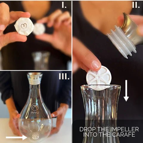 A step-by-step guide shows hands placing a white circular impeller into the clear MAYU Swirl Carafe from Mayu Water. Text reads: DROP THE IMPELLER INTO THE CARAFE for an easy Hydration Solution.