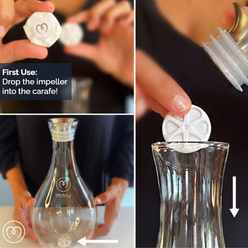 A person drops the white impeller into the MAYU Swirl Carafe | Onyx by Mayu Water, shown in three close-up panels with arrows indicating impeller placement inside the borosilicate glass carafe. Text reads: First Use—Drop the impeller into the carafe!.
