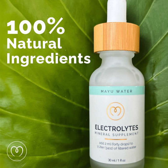 A bottle of Mayu Water Electrolyte Drops rests on a large green leaf. Text on the image reads 100% Natural Ingredients, showcasing natural hydration and fast rehydration benefits.