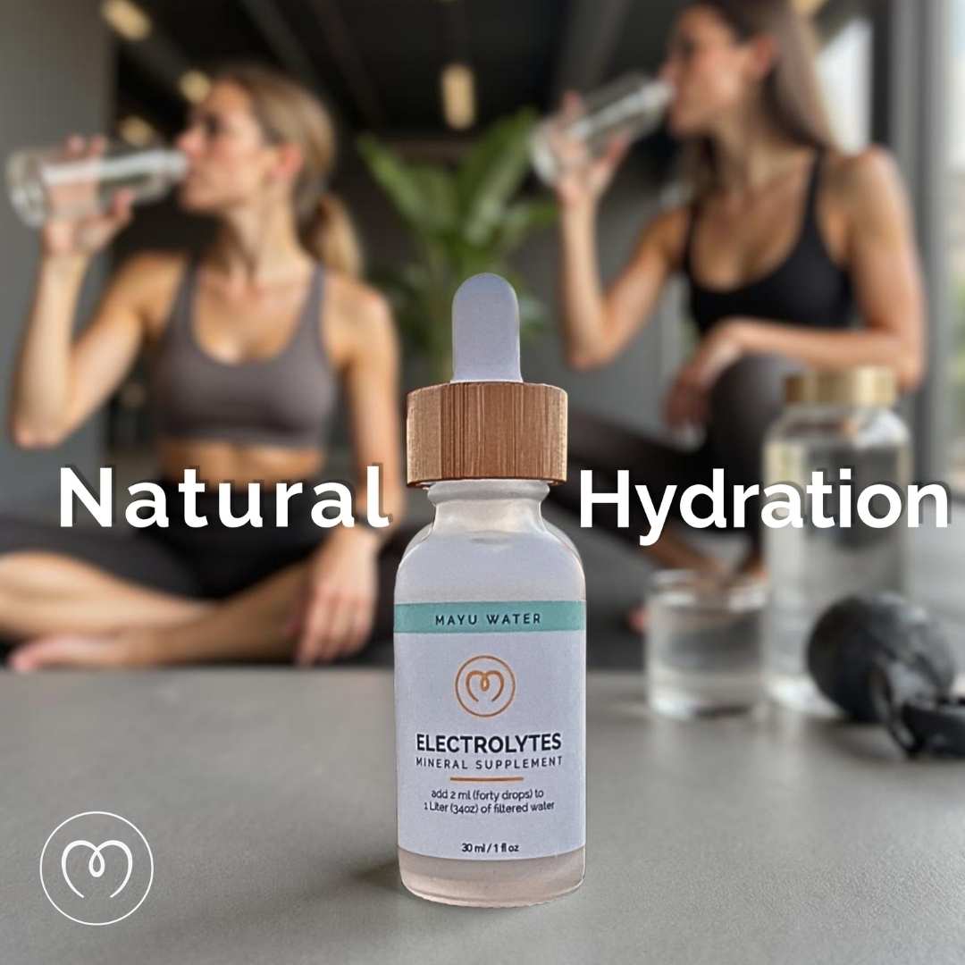 A bottle of Mayu Water Electrolyte Drops is in focus, while two women in workout attire hydrate in the background. The words "Natural Hydration" highlight the power of electrolytes for fast hydration.