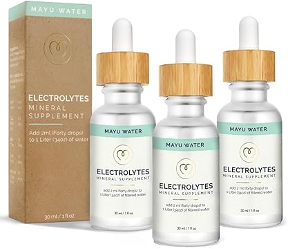 Three bottles of Mayu Water Electrolyte Drops with wooden droppers are displayed in front of a brown box. Each 30ml (1 fl oz) bottle is designed to rapidly hydrate and add essential minerals to your water.