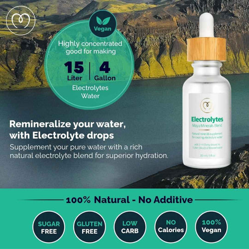 A bottle of Mayu Water Electrolyte Drops is displayed against a scenic backdrop. Text highlights its vegan, natural, and additive-free formula, ideal for fast hydration and making 15 liters (4 gallons) of electrolyte water.