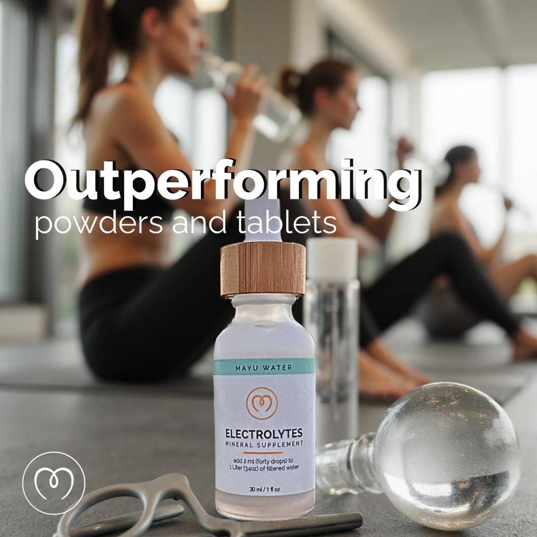 A bottle of Mayu Water Electrolyte Drops sits on a gym floor as women exercise and hydrate in the background. Text reads: Outperforming powders and tablets for rapid hydration.