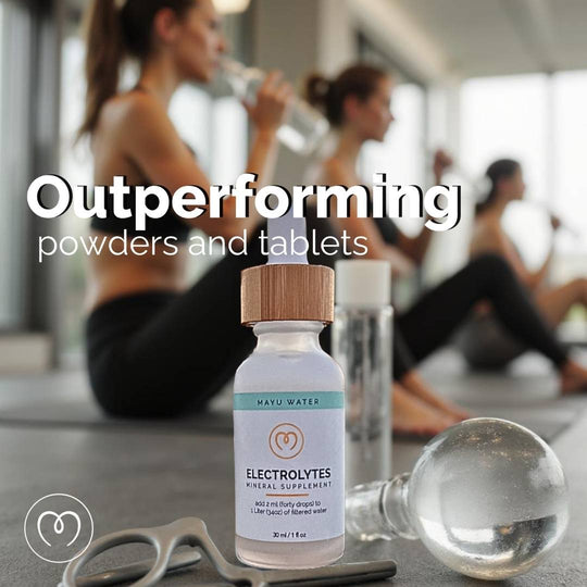 A bottle of Mayu Water Electrolyte Drops sits on a gym floor as women exercise and hydrate in the background. Text reads: Outperforming powders and tablets for rapid hydration.