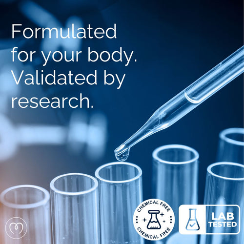 A pipette dispenses Mayu Water Trace Mineral Drops into test tubes, with text: Formulated for your body. Validated by research. "Chemical free" and "lab tested" icons are shown in the bottom right corner.