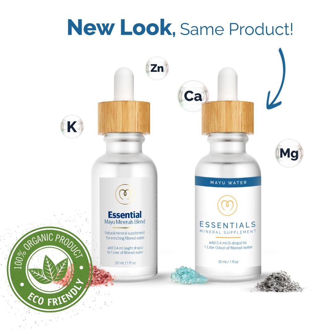 Two dropper bottles of Mayu Water Essential Minerals - Single are shown, with an arrow from old to new design. K, Zn, Ca, and Mg support nutrient absorption and bone health. A green 100% Organic Eco Friendly badge is in the corner.