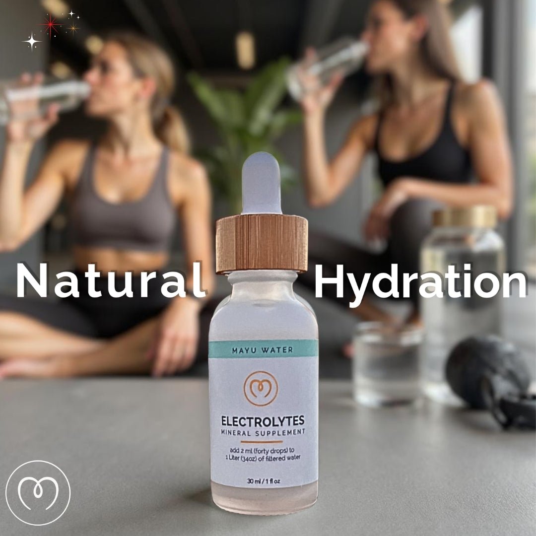 A bottle of Mayu Water Trace Mineral & Electrolyte Drops Stock Up Kit is in focus, emphasizing natural hydration, as two women in athletic wear relax on yoga mats and drink water in the softly blurred background. Text: “Natural Hydration.”.