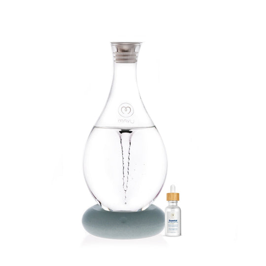 The Mayu Water Basic Starter Kit features a Swirl Structured Water Carafe with a silver lid on a round gray base, alongside an “Essential Minerals” dropper bottle, all set against a clean white background.