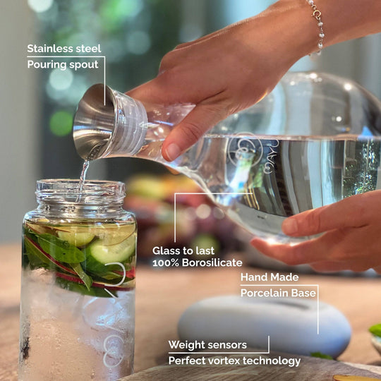 A hand pours water from a Mayu Water glass carafe with the Swirl Stainless Steel Pouring Spout into a glass of ice, cucumber, and mint. Features: borosilicate glass, handmade porcelain base, weight sensors, and vortex technology.