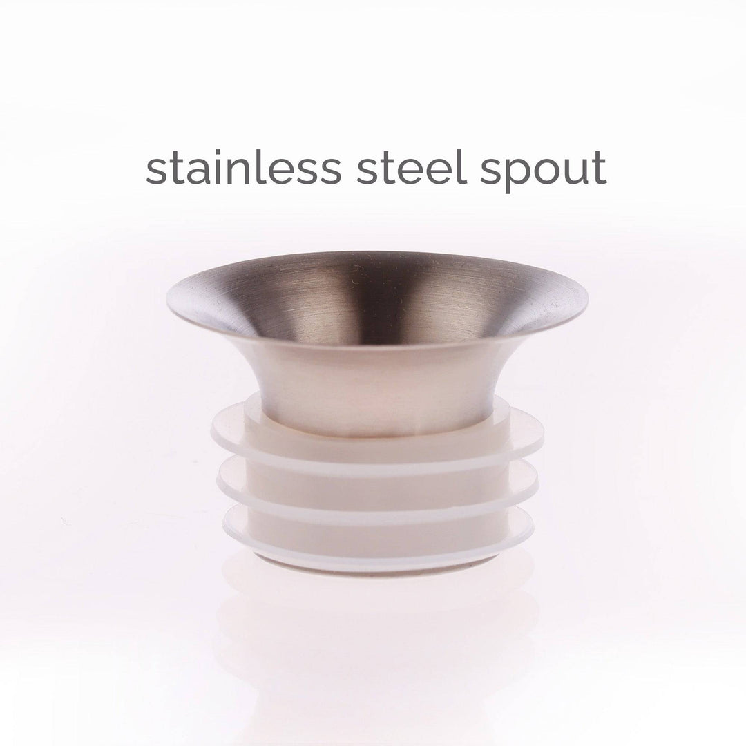 The Mayu Water Swirl Stainless Steel Pouring Spout, featuring a flared top and white ridged base, is displayed against a white background. "Stainless steel spout" appears above in gray text, perfect for use with a glass carafe.
