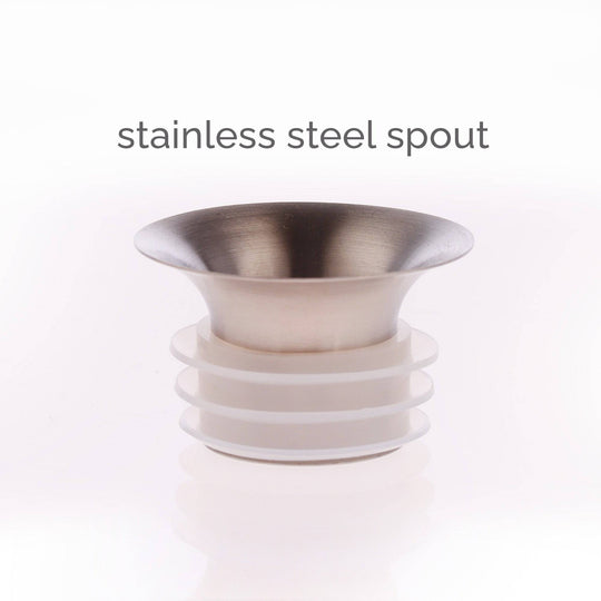 The Mayu Water Swirl Stainless Steel Pouring Spout, featuring a flared top and white ridged base, is displayed against a white background. "Stainless steel spout" appears above in gray text, perfect for use with a glass carafe.