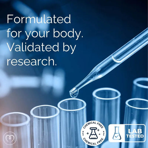 A pipette dispenses liquid into test tubes with the text: Mayu Water Swirl Structured Water Carafe – formulated for your body, validated by research, made from handblown borosilicate glass. Chemical Free and Lab Tested stamps appear with science icons on a blue background.