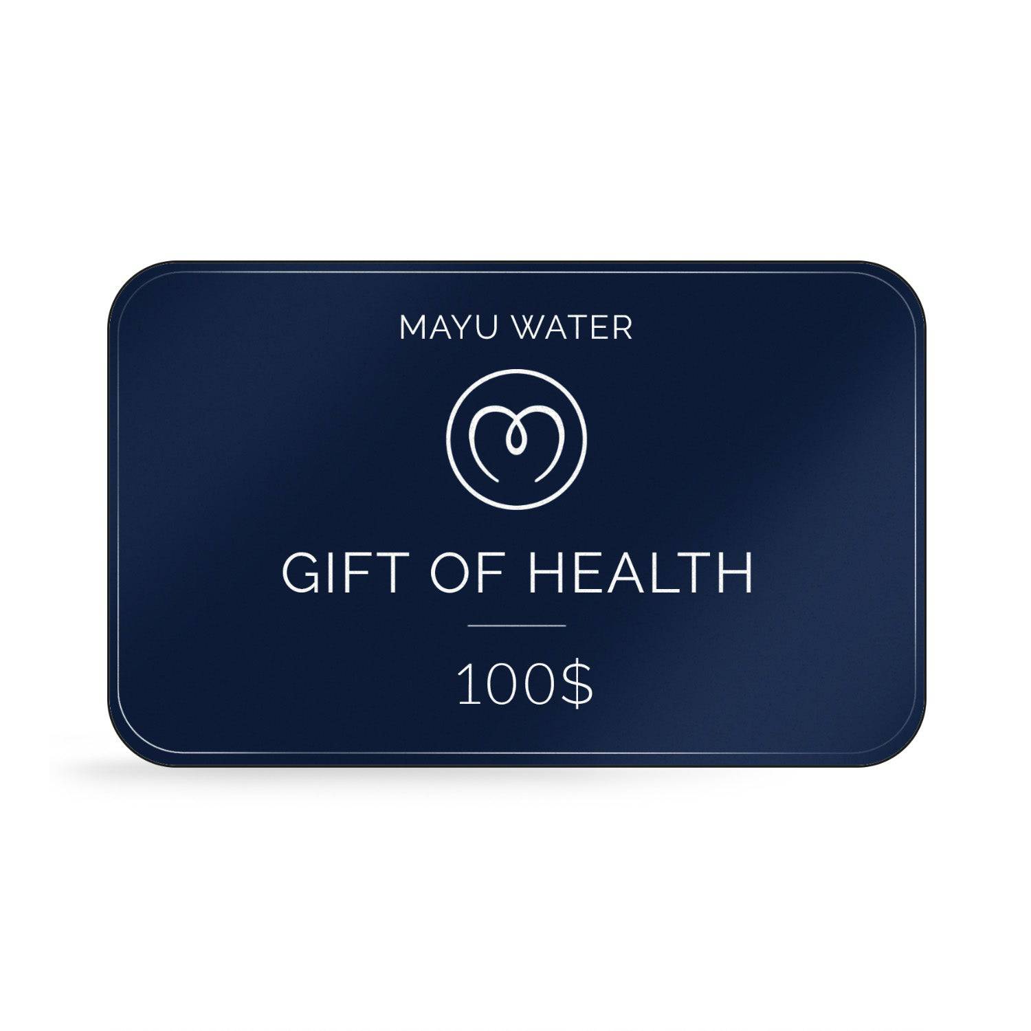 A dark blue rectangular Mayu Water Gift Card features white text, the Mayu Water logo,