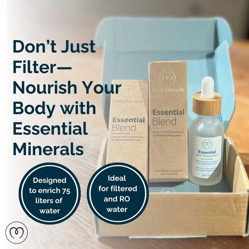 An open box features Mayu Water Trace Mineral & Electrolyte Drops Sampler Kit packaging, a dropper bottle, and info card. Text reads: Don’t Just Filter—Nourish Your Body with Trace Mineral Drops for optimal hydration—benefits shown in circles.