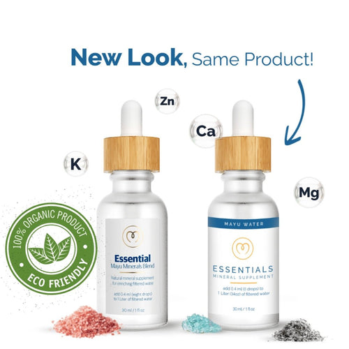 Two Mayu Water Trace Mineral & Electrolyte Drops Sampler Kit bottles are shown, one with a new label. A "New Look, Same Product!" banner and icons for potassium, zinc, calcium, and magnesium highlight these hydrating drops.