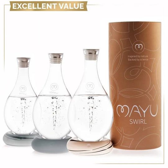 Three Mayu Water Swirl Structured Water Carafes (Pack of 3) with silver lids and swirling water are displayed next to a tall brown MAYU SWIRL box reading, "Inspired by nature. Backed by science.