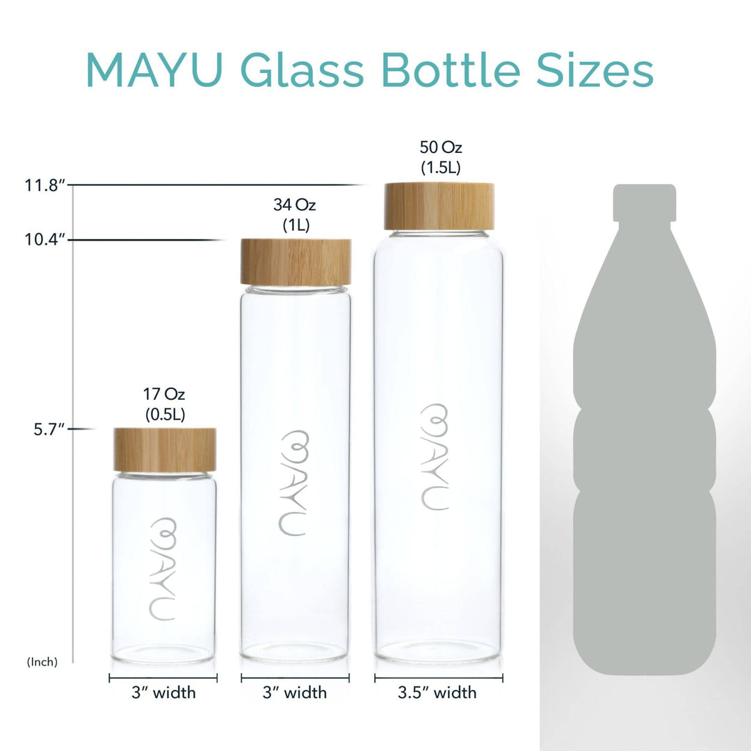 Three BPA-free Pure Glass Bottles by Mayu Water, in 17oz, 34oz, and 50oz sizes with wooden lids and labeled dimensions, are shown next to a plastic bottle silhouette for an eco-friendly size comparison.