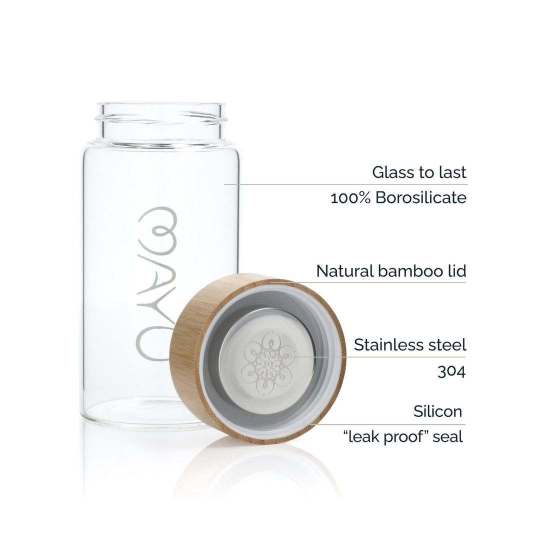 The Pure Glass Bottle by Mayu Water is shown. Labels highlight its eco-friendly design with 100% borosilicate glass, a bamboo lid featuring stainless steel 304, and a silicone leak-proof seal. The bottle is BPA free.