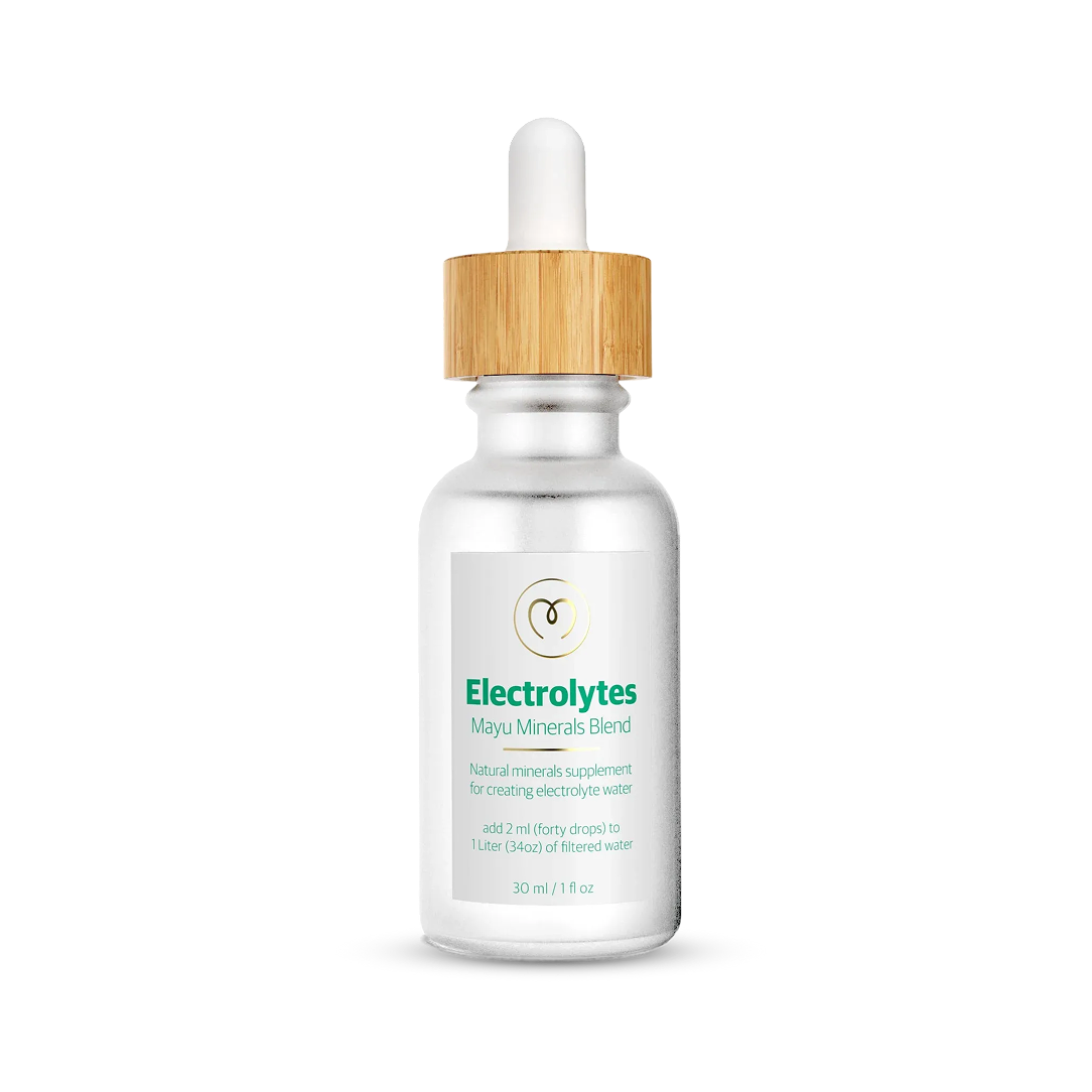 A 30 ml (1 fl oz) frosted glass dropper bottle labeled Mayu Water Electrolyte Drops, featuring a bamboo-style cap and white dropper. This sugar-free liquid supplement is perfect for natural hydration in your electrolyte water.