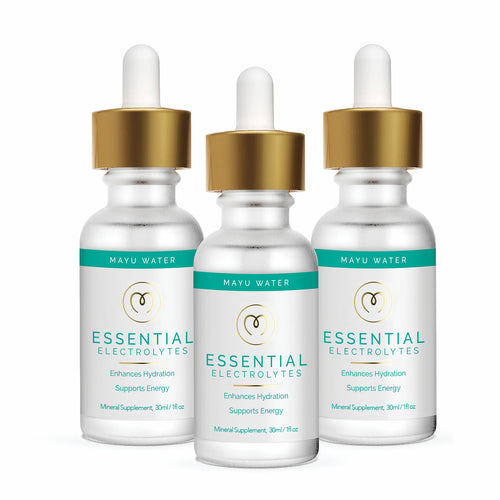 Three Mayu Water Electrolytes Drops bottles, each 30 ml (1 fl oz), with gold caps and labels highlighting natural hydration and energy support, are arranged side by side.