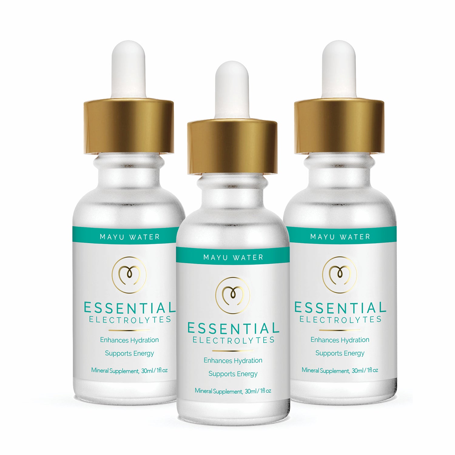 Three bottles of Mayu Water Electrolyte Drops with gold droppers, white labels, and teal-gold accents. Each 30ml (1 fl oz) bottle is a premium mineral supplement for rapid hydration and energy support. quantity:Pack of 3