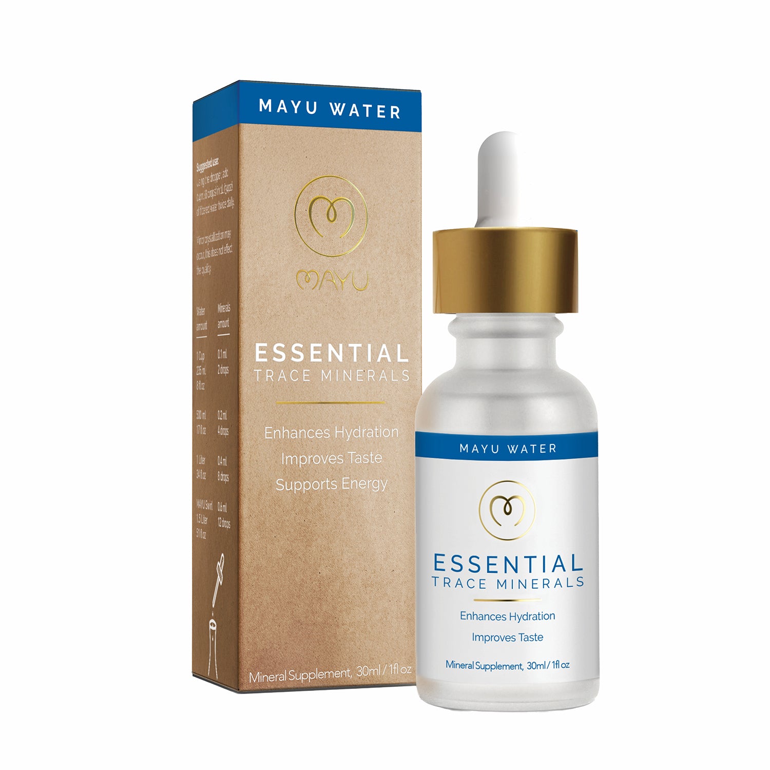A bottle of Mayu Water Essential Minerals with a gold dropper cap is displayed beside its box. The label and packaging emphasize benefits: enhances hydration, improves water taste, and supports daily wellness and energy.