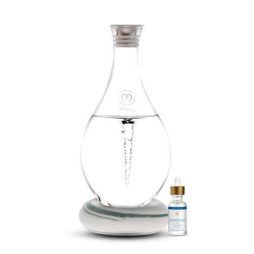 The Mayu Water Basic Starter Kit features a clear Swirl Structured Water Carafe with vortex technology on a round base, accompanied by a small Trace Mineral Drops bottle, both displayed against a white background.