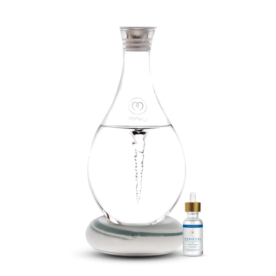 The Mayu Water Basic Starter Kit features a clear Swirl Structured Water Carafe with vortex technology on a round base, accompanied by a small Trace Mineral Drops bottle, both displayed against a white background.