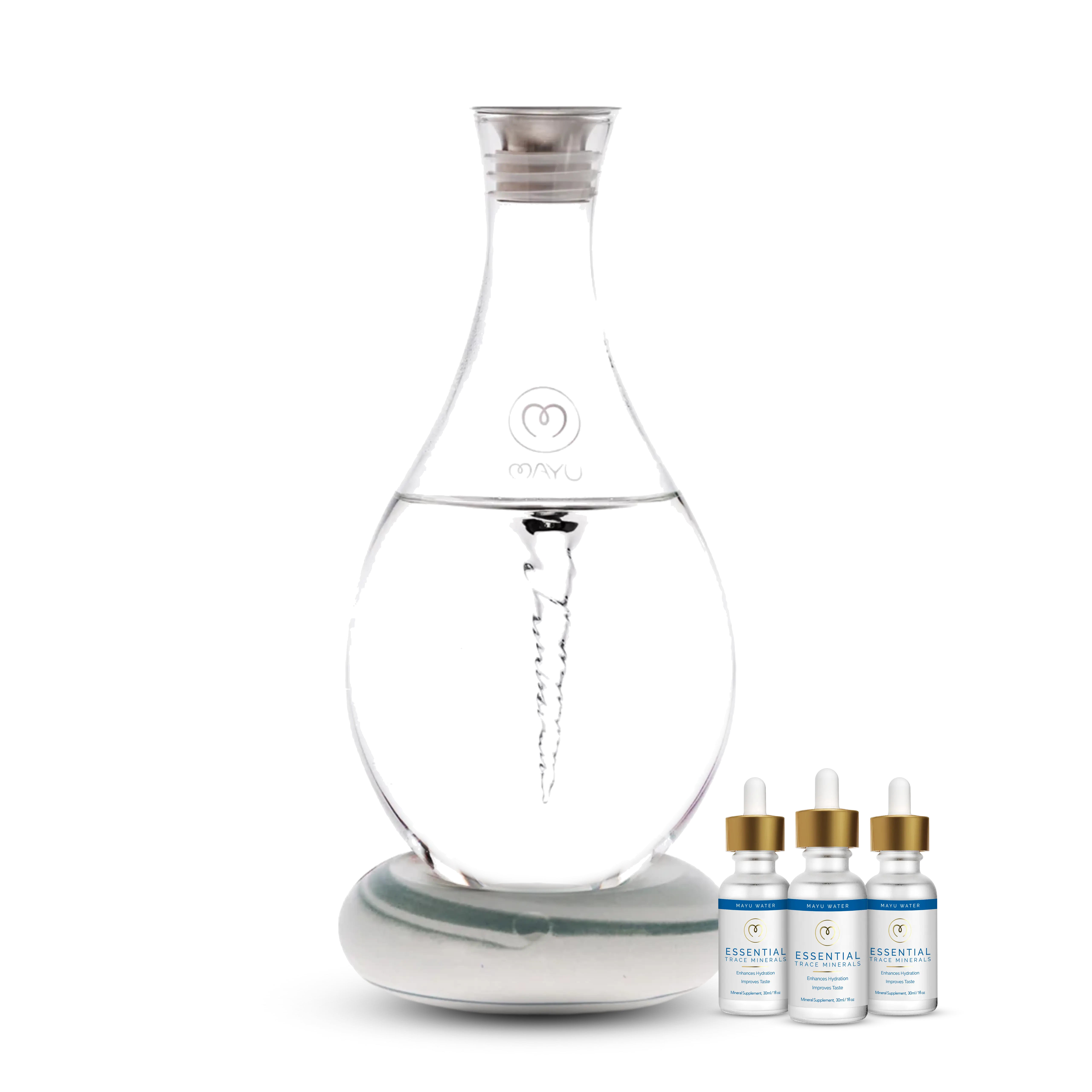 The Best Selling Starter Kit by Mayu Water features a clear Structured Water Carafe with a vortex on a base, alongside three Essential Minerals dropper bottles—an innovative hydration solution for enhanced wellness.