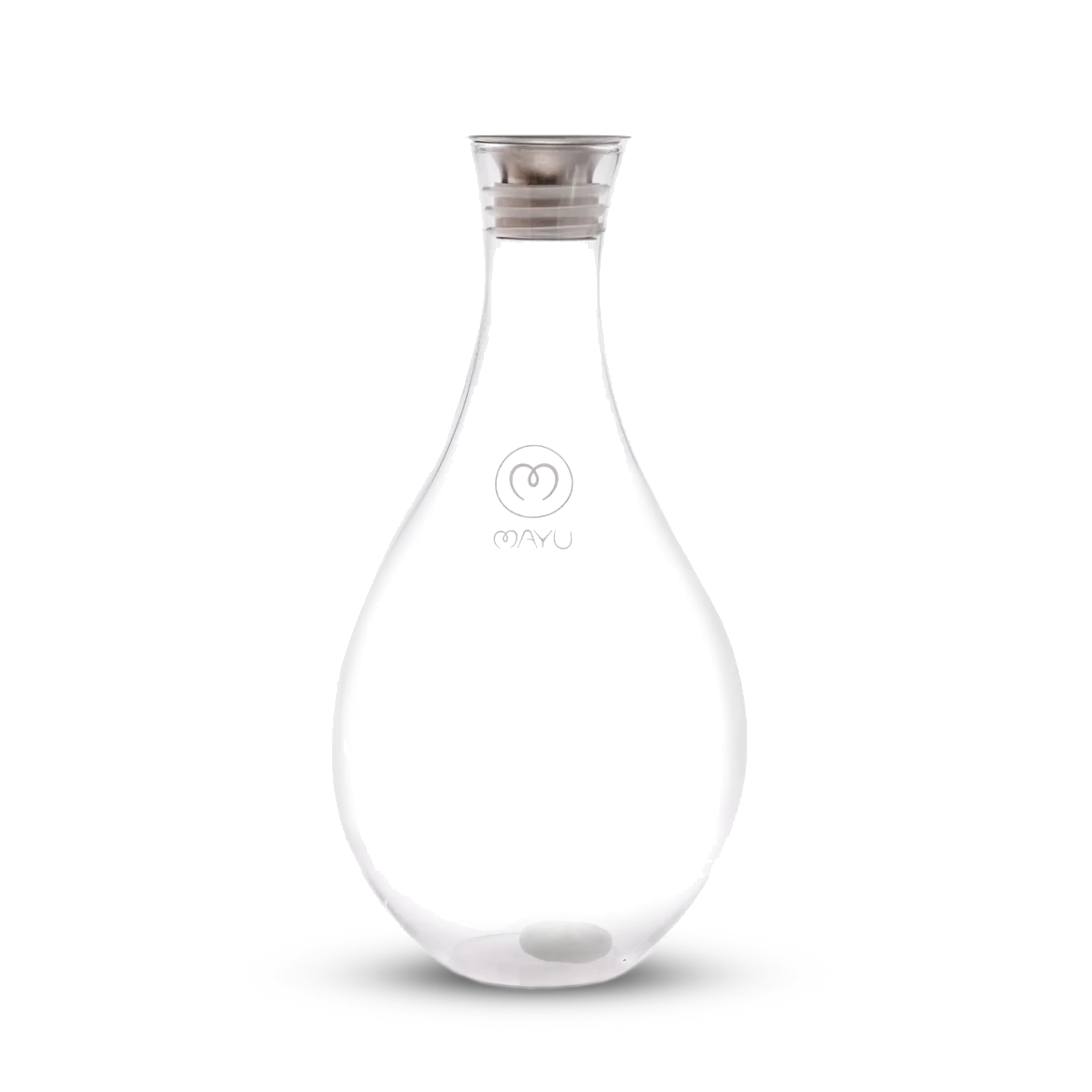 The Swirl Glass Carafe by Mayu Water is a clear, teardrop-shaped borosilicate glass carafe with a silver lid, a small white sphere at the bottom, and 