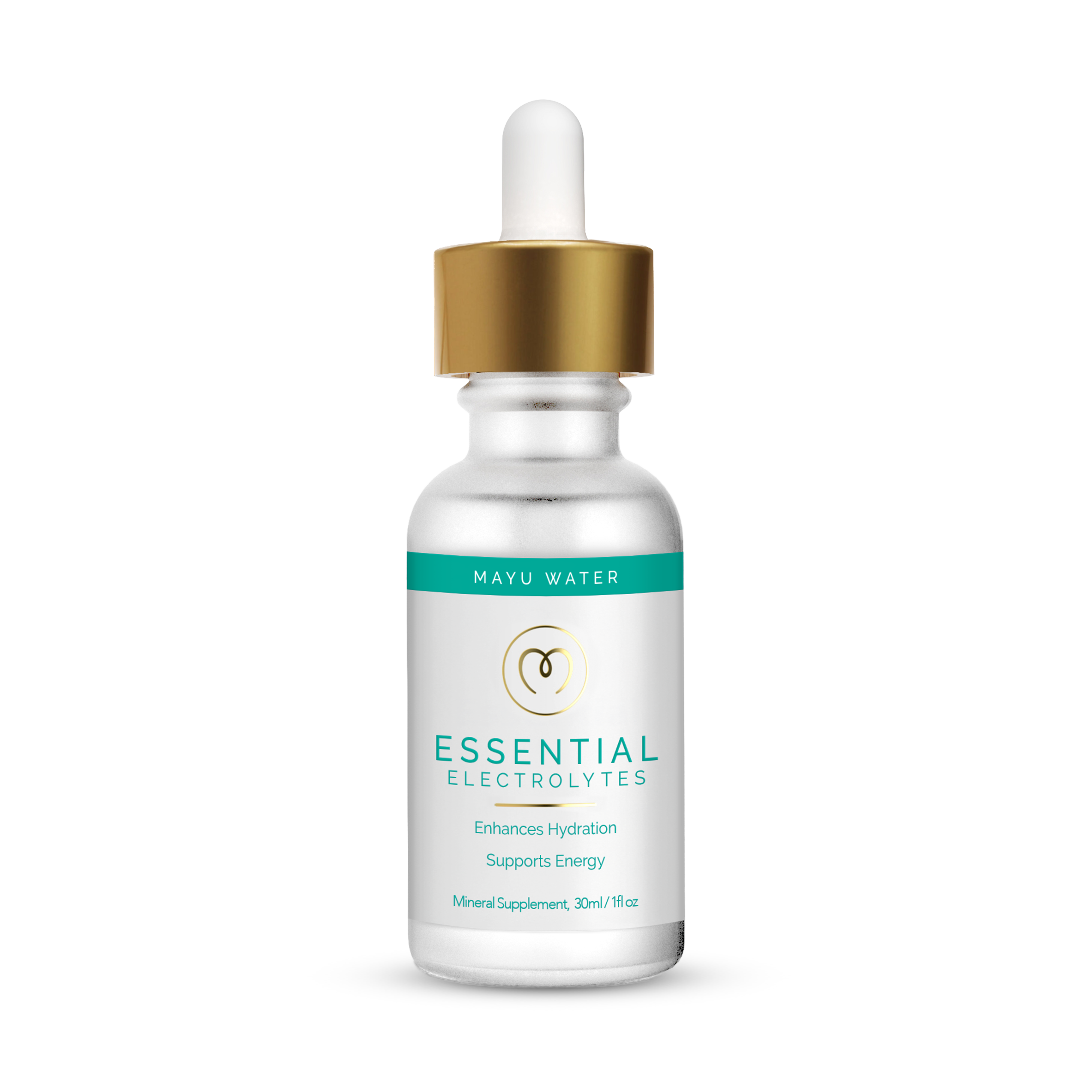 A small silver bottle with a gold and white dropper cap labeled “Mayu Water Electrolyte Drops.” The 30ml sugar-free supplement supports energy, promotes natural hydration, and provides essential minerals.