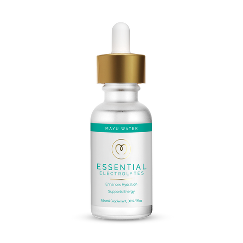 A small silver bottle with a gold and white dropper cap labeled “Mayu Water Electrolyte Drops.” The 30ml sugar-free supplement supports energy, promotes natural hydration, and provides essential minerals.