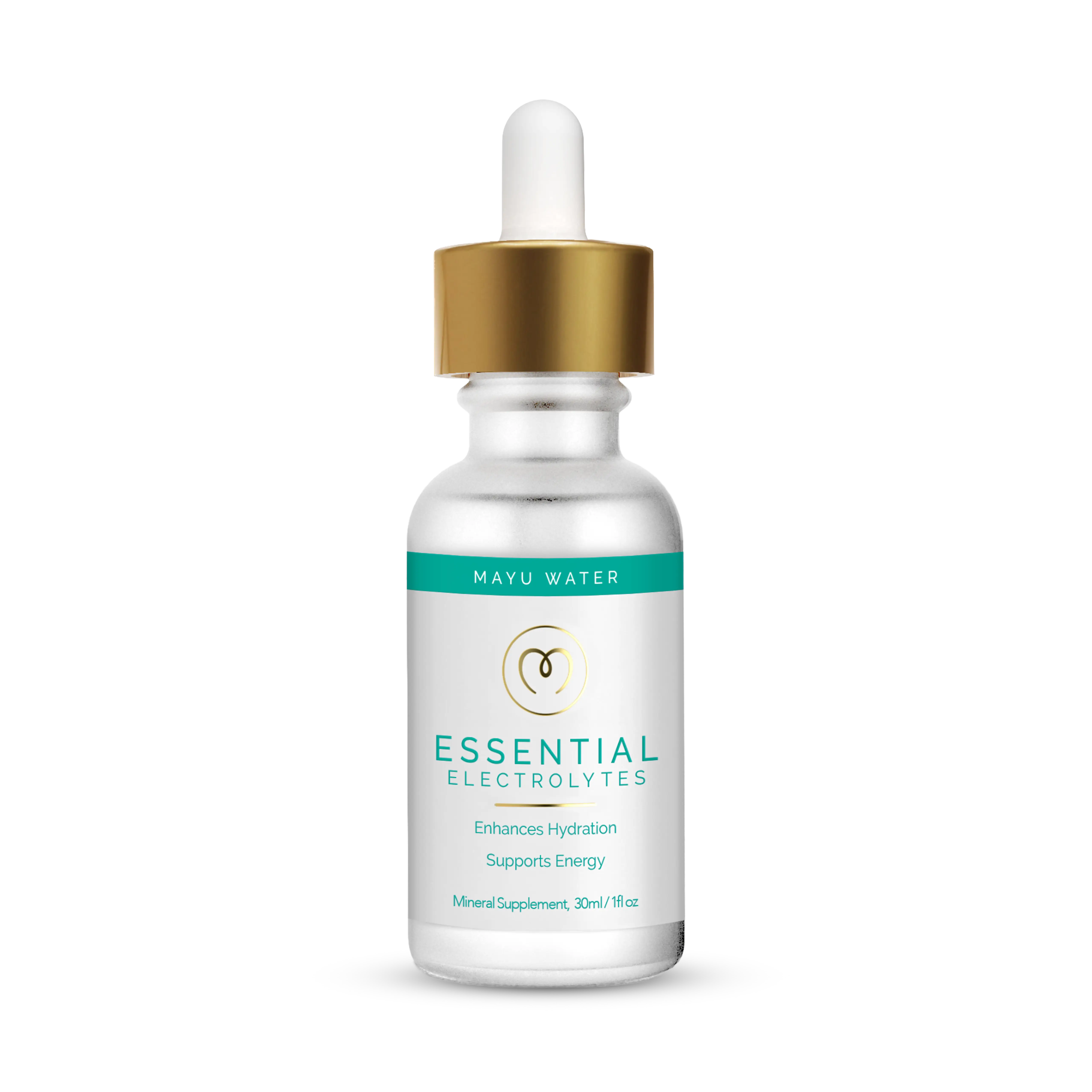 A 30 ml (1 fl oz) small white bottle of Mayu Water Electrolyte Drops with a gold dropper cap features a turquoise and white label reading “Enhances Hydration, Supports Energy.” Formulated for natural hydration and muscle recovery.