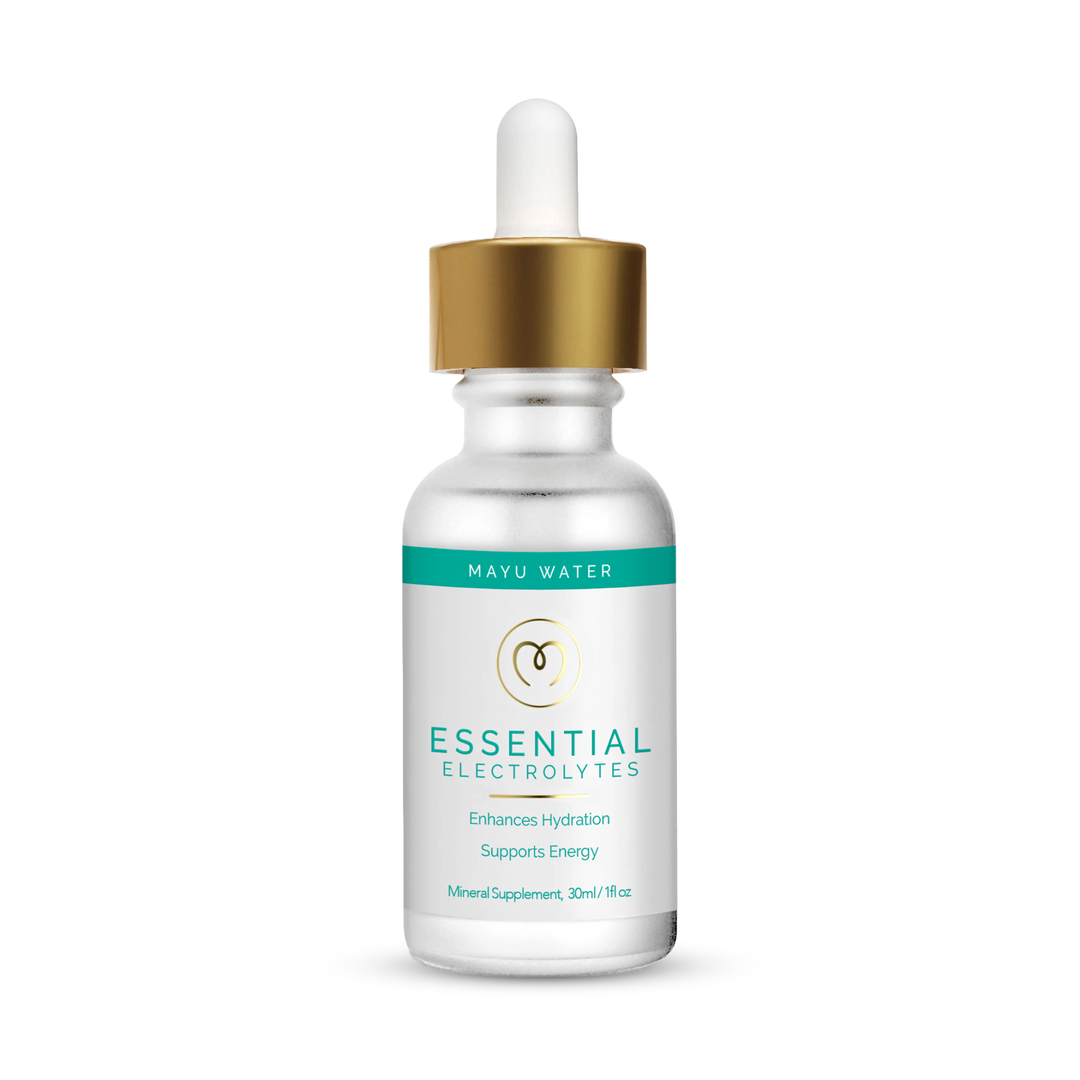 A 30 ml (1 fl oz) small white bottle of Mayu Water Electrolyte Drops with a gold dropper cap features a turquoise and white label reading “Enhances Hydration, Supports Energy.” Formulated for natural hydration and muscle recovery.