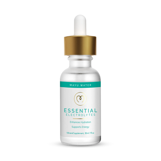 A 30 ml (1 fl oz) small white bottle of Mayu Water Electrolyte Drops with a gold dropper cap features a turquoise and white label reading “Enhances Hydration, Supports Energy.” Formulated for natural hydration and muscle recovery.