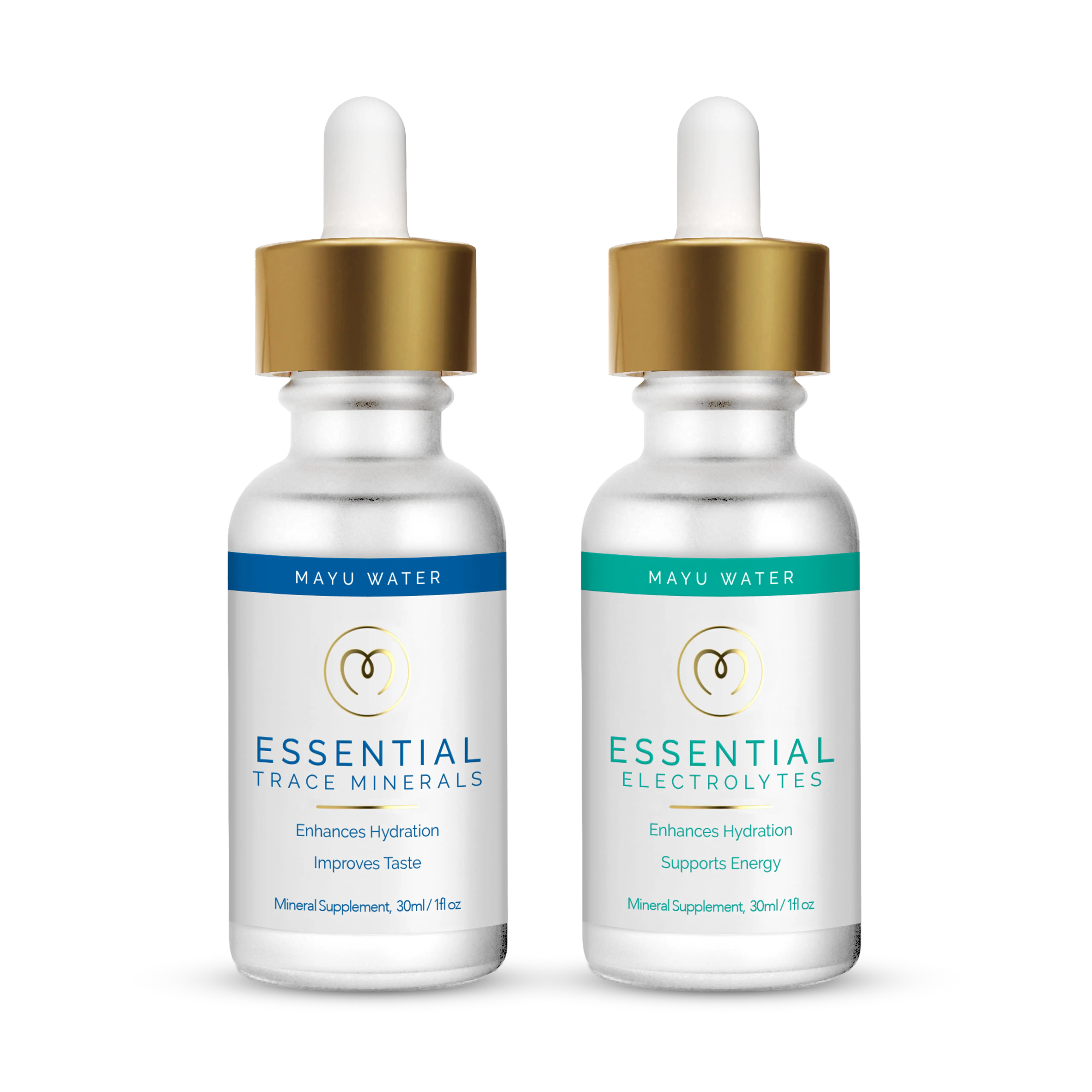 The Mayu Water Trace Mineral & Electrolyte Drops Sampler Kit features blue and green dropper bottles, ideal for hydration as Electrolyte Drops or Trace Mineral Drops.