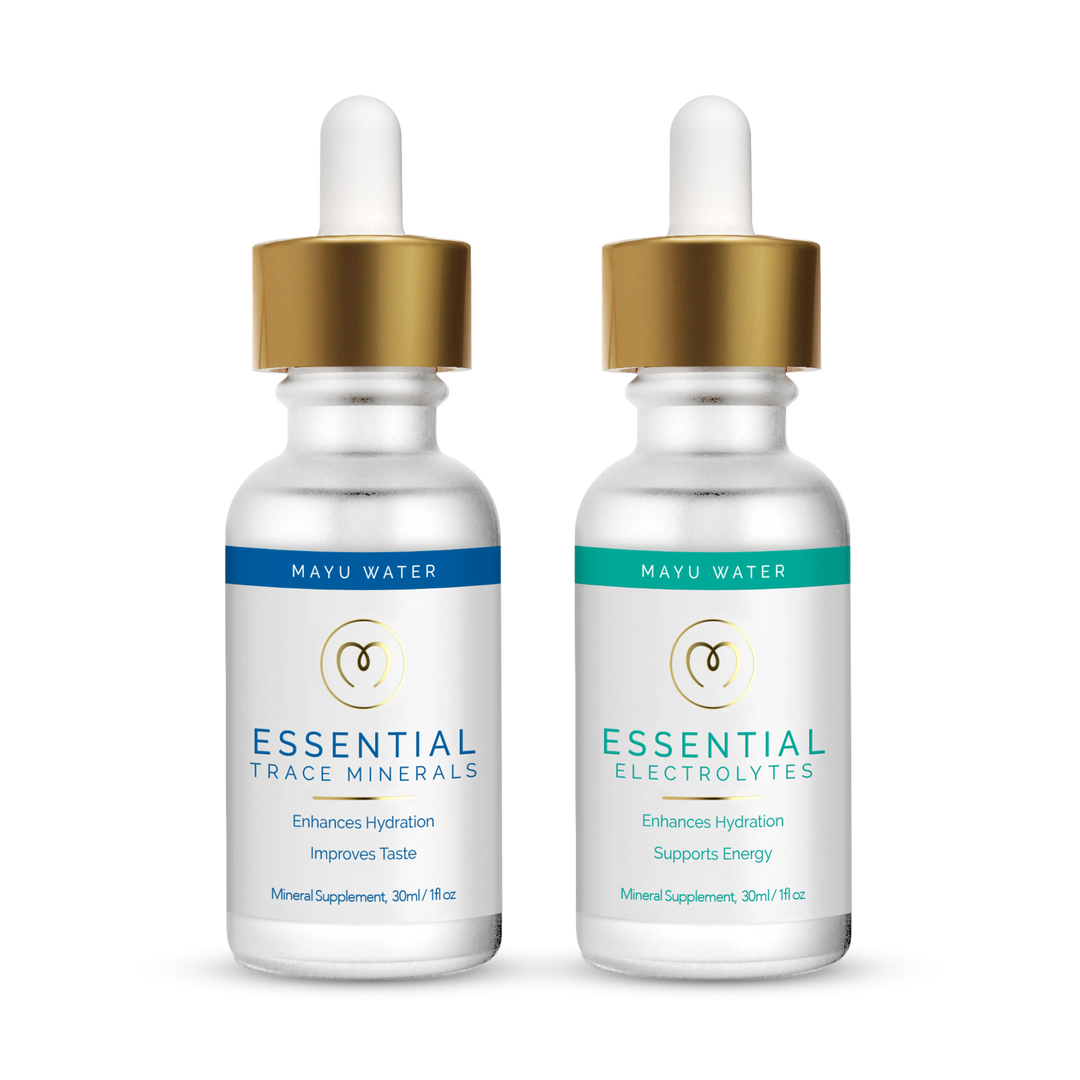 The Mayu Water Trace Mineral & Electrolyte Drops Sampler Kit features blue and green dropper bottles, ideal for hydration as Electrolyte Drops or Trace Mineral Drops.