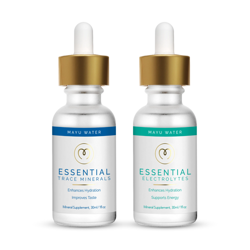 The Mayu Water Trace Mineral & Electrolyte Drops Sampler Kit features blue and green dropper bottles, ideal for hydration as Electrolyte Drops or Trace Mineral Drops.