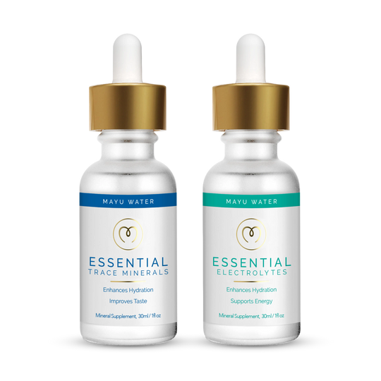 The Mayu Water Trace Mineral & Electrolyte Drops Sampler Kit features blue and green dropper bottles, ideal for hydration as Electrolyte Drops or Trace Mineral Drops.