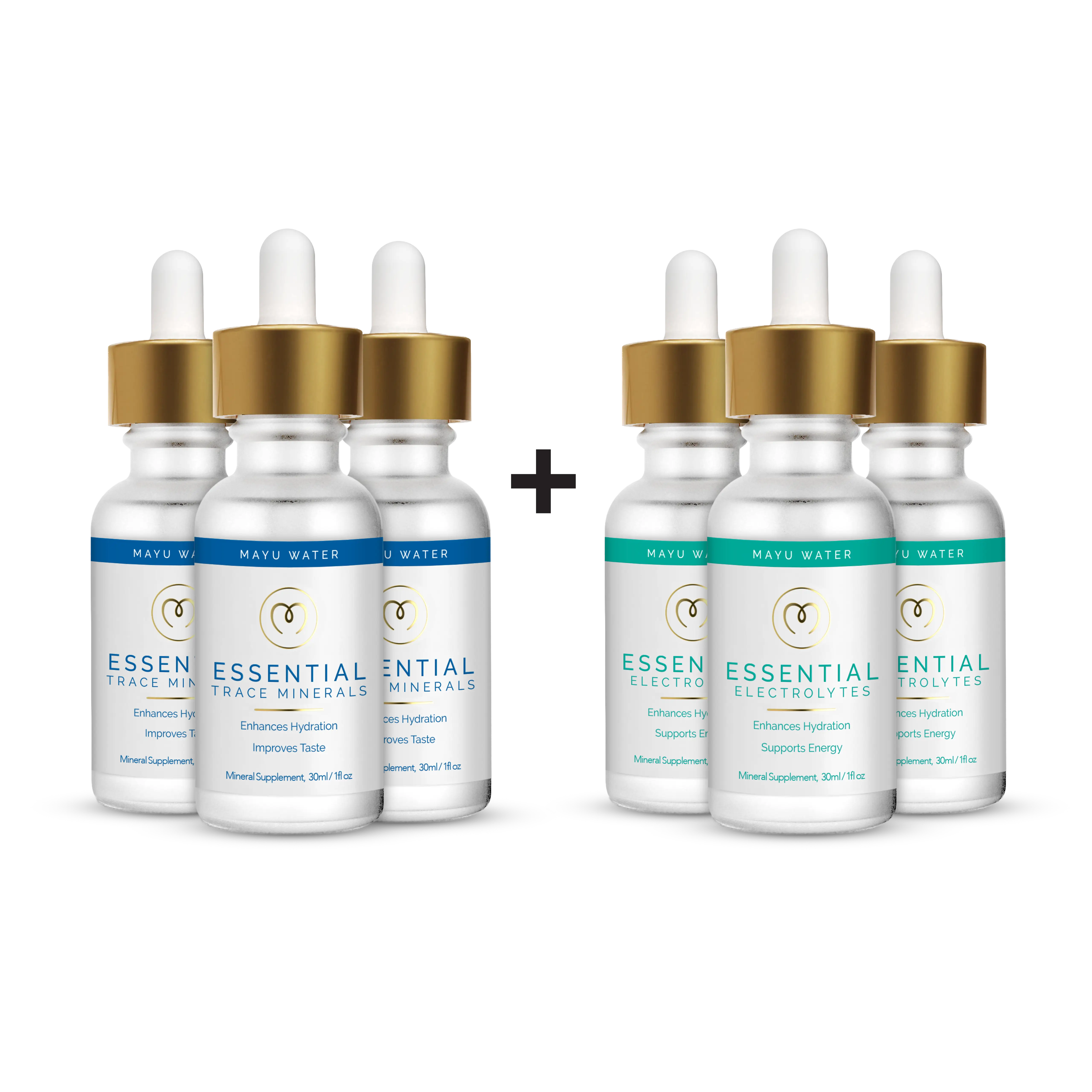 The Mayu Water Trace Mineral & Electrolyte Drops Stock Up Kit features four dropper bottles—two Essential Trace Minerals (white/blue) and two Essential Electrolytes (white/teal)—ideal for hydration with mineral and electrolyte drops.