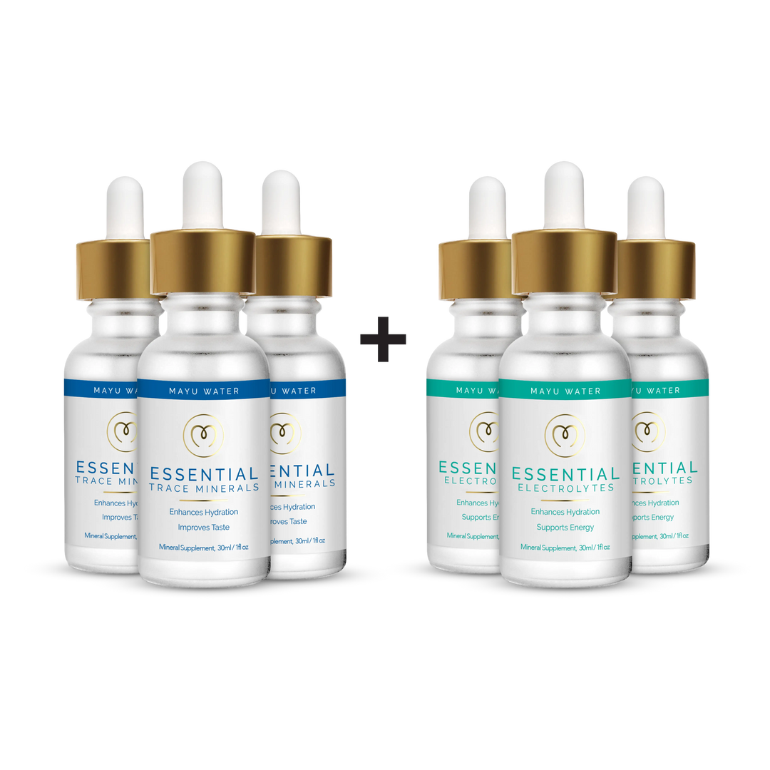 The Mayu Water Trace Mineral & Electrolyte Drops Stock Up Kit features four dropper bottles—two Essential Trace Minerals (white/blue) and two Essential Electrolytes (white/teal)—ideal for hydration with mineral and electrolyte drops.