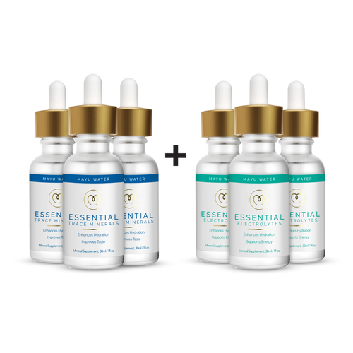 The Mayu Water Trace Mineral & Electrolyte Drops Stock Up Kit features four dropper bottles—two Essential Trace Minerals (white/blue) and two Essential Electrolytes (white/teal)—ideal for hydration with mineral and electrolyte drops.