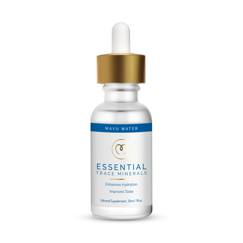 A small frosted glass dropper bottle labeled Trace Mineral Drops by Mayu Water, featuring a gold and white dropper cap with blue accents, stands upright on a plain white background.