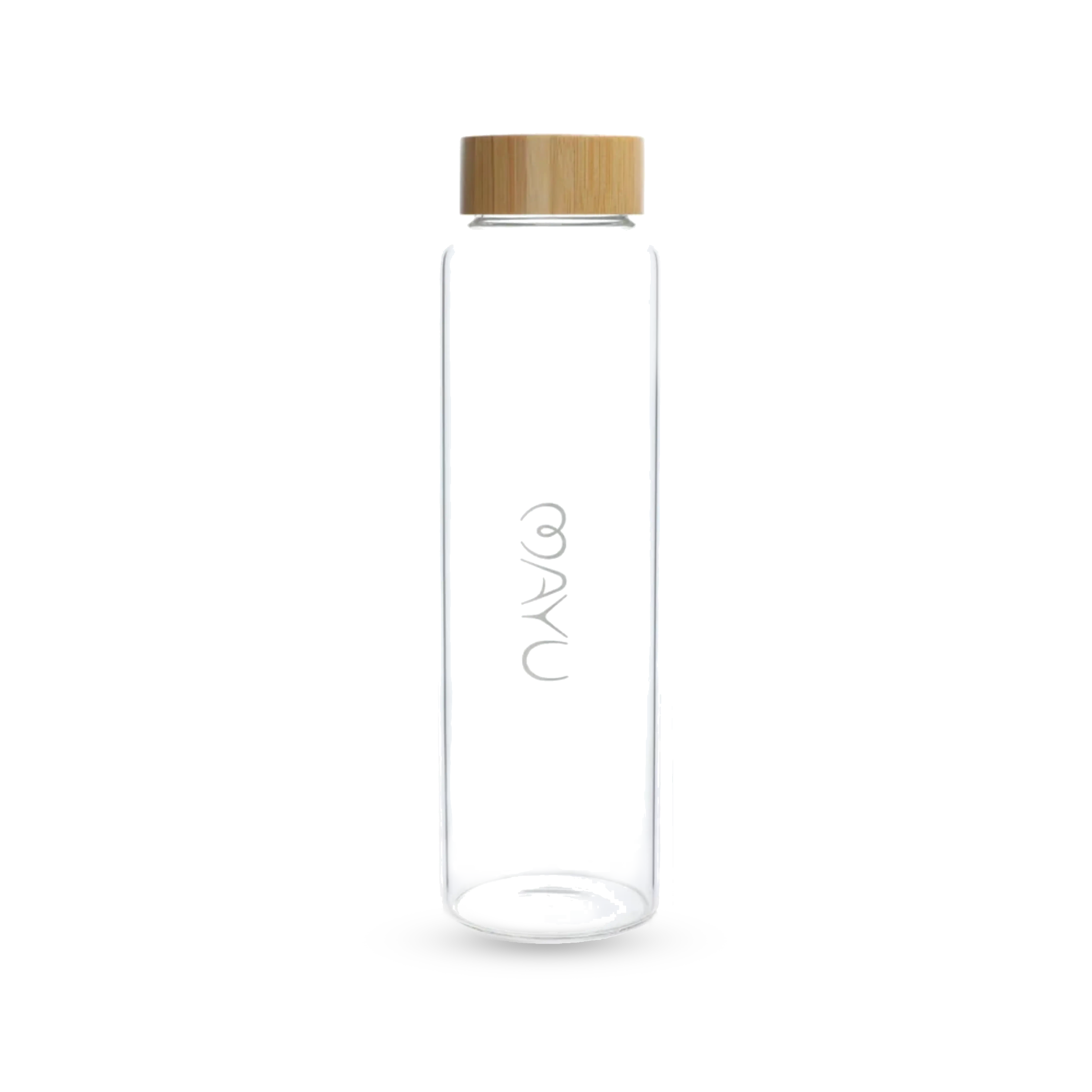 The Mayu Water Pure Glass Bottle is a BPA-free, cylindrical water bottle with a bamboo screw-on lid and 