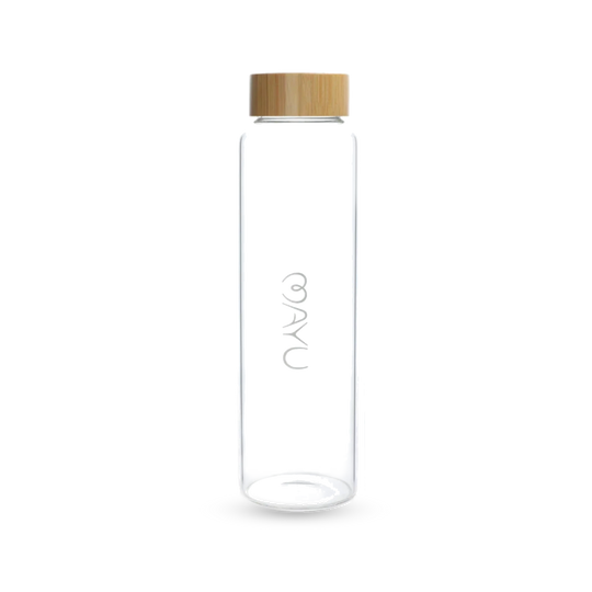 The Mayu Water Pure Glass Bottle is a BPA-free, cylindrical water bottle with a bamboo screw-on lid and "AYA" printed vertically in white on the front. Its eco-friendly design stands out against a white background.