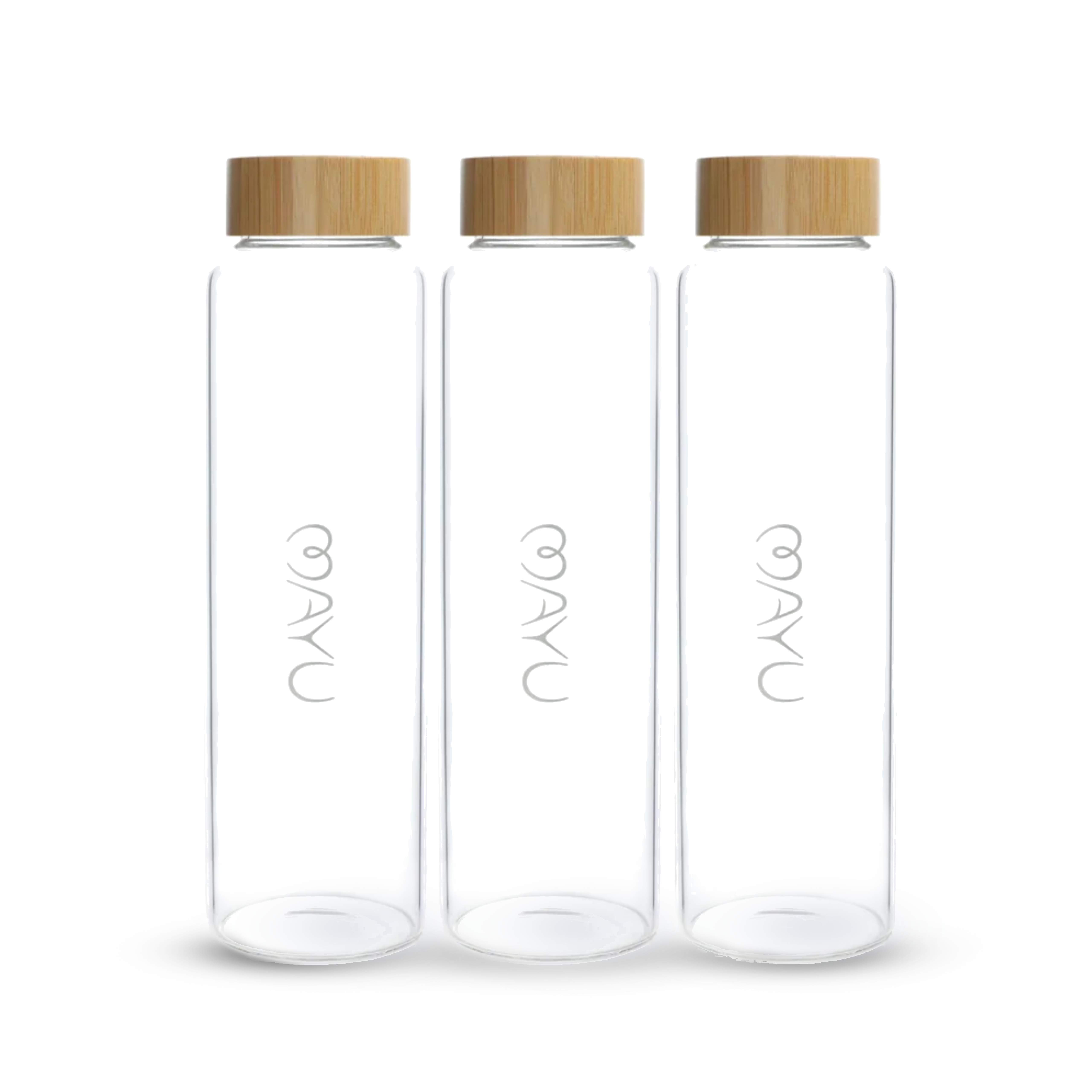 Three Mayu Water Pure Glass 1.5L Bottles, each with a light wooden screw-on lid and the word NAYA in white on the front, stand upright in a row against a white background. Sustainable and stylish, this pack includes three bottles.
