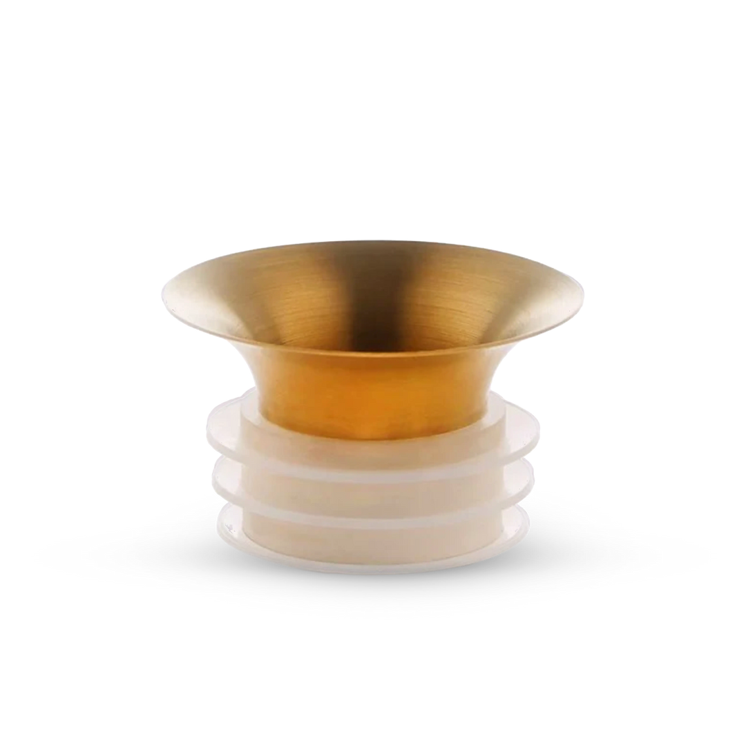 The Mayu Water Swirl Golden Pouring Spout is a small, modern piece of drinkware with a gold metallic flared spout and a white cylindrical base featuring three horizontal ridges, shown against a plain white background.