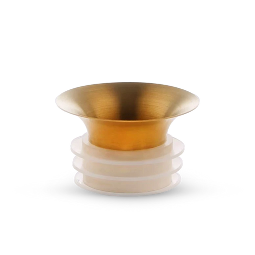 The Mayu Water Swirl Golden Pouring Spout is a small, modern piece of drinkware with a gold metallic flared spout and a white cylindrical base featuring three horizontal ridges, shown against a plain white background.